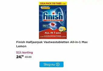 Plein.nl Finish Halfjaarpak Vaatwastabletten All-in-1 Max Lemon 51% Korting aanbieding