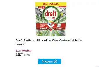 Plein.nl Dreft Platinum Plus All In One Vaatwastabletten Lemon aanbieding