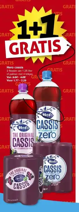 Hoogvliet Hero cassis 2 flessen van 1.25 liter of pakken met 4 blikjes aanbieding