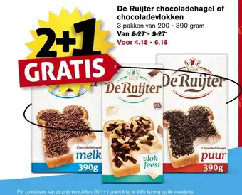 Hoogvliet De Ruijter chocoladehagel of chocoladevlokken 3 pakken van 200-390 gram aanbieding