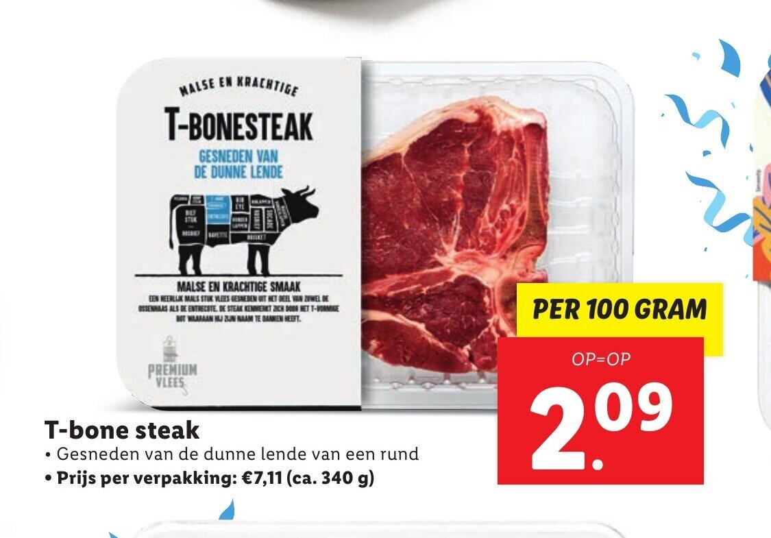 Tbone steak per 100 gram aanbieding bij Lidl