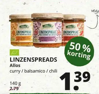 Natuurwinkel Linzenspreads Allos 50% Korting 140g aanbieding