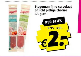 Boni Stegeman fijne cervelaat of licht pittige chorizo 225 gram per stuk aanbieding