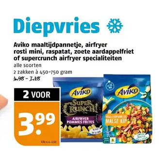 Poiesz Aviko maaltijdpannetje, airfryer rosti mini, raspatat, zoete aardappelfriet of supercrunch airfryer specialiteiten aanbieding