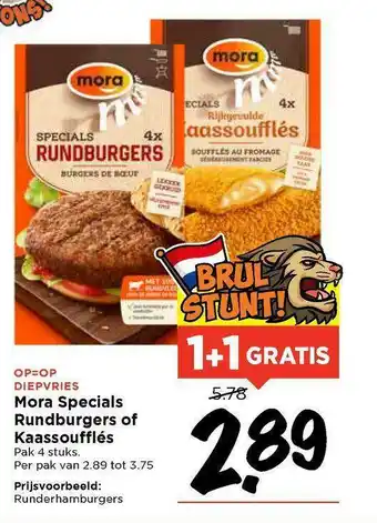 Vomar Voordeelmarkt Mora specials rundburgers of kaassoufflés 1+1 Gratis aanbieding