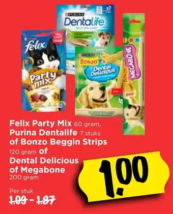 Vomar Voordeelmarkt Felix Party Mix 60g, Purina Dentalife of Bonzo Beggin Strips of Dental Delicious of Megabone aanbieding