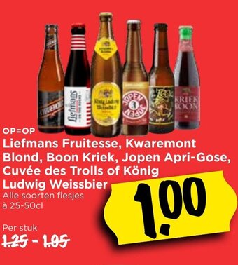 Vomar Voordeelmarkt Liefmans Fruitesse, Kwaremont Blond, Boon Kriek, Jopen Apri-Gose, Cuvee des Trolls of Konig Ludwig Weissbier 250-500ml aanbieding