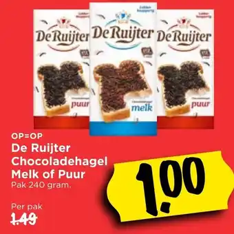 Vomar Voordeelmarkt De Ruijter Chocoladehagel Melk of Puur 240g aanbieding