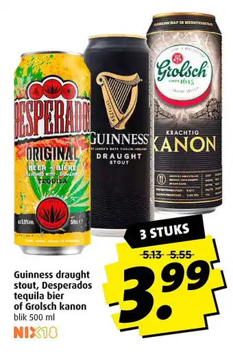 Boni Guinness draught stout, Desperados tequila bier of Grolsch kanon 500 ml aanbieding