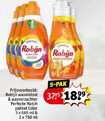 Kruidvat Robijn wasmiddel & wasverzachter Perfecte Match pakket Color 3x665 ml & 2x750 ml aanbieding