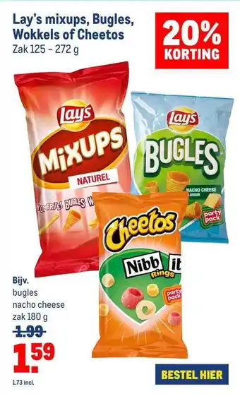 Makro Lay's Mixups, Bugles, Wokkels Of Cheetos 20% Korting aanbieding