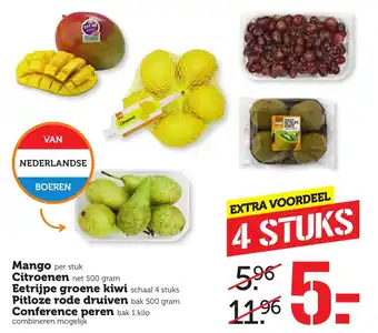 Coop Mango, Citroenen 500 gr, Pitloze rode druiven 500 gr, Eetrijpe groene kiwi 4 st, Conference peren 1 kg aanbieding