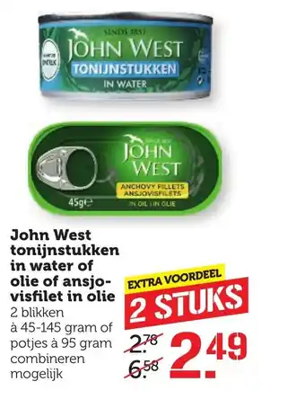 Coop John West tonijnstukken in water of olie of ansjovisfilet in olie 2 st aanbieding