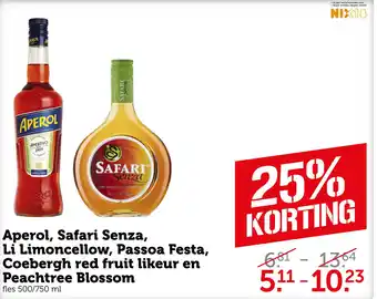 Coop Aperol, Safari Senza, Li Limoncellow, Passoa Festa, Coebergh red fruit likeur en Peachtree Blossom aanbieding