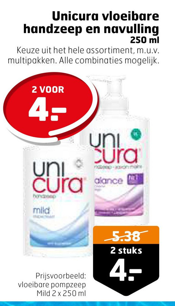 Unicura Vloeibare Handzeep En Navulling 250 Ml Aanbieding Bij Trekpleister