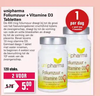 De Online Drogist Unipharma Foliumzuur + Vitamine D3 Tabletten aanbieding