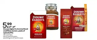 Spar Douwe Egberts Aroma Rood snelfilter, bonen, pads of oploskoffie pak of zak 500 gram, pot 200 gram of zak 54 stuks aanbieding