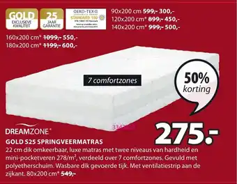 Jysk Dreamzone Gold S25 Springveermatras 80x200 cm aanbieding