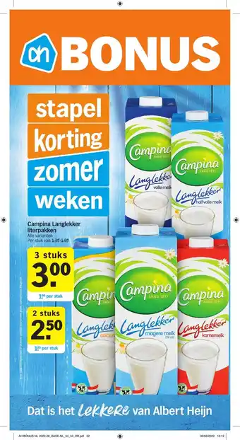 Albert Heijn Campina Langlekker literpakken 3 stuks aanbieding