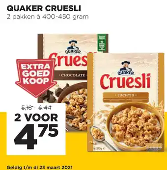 Jumbo Quaker Cruesli 2*400-450g aanbieding