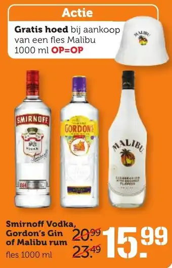 Coop Smirnoff Vodka no.21, Gordon's Gin of Malibu Rum 1L aanbieding