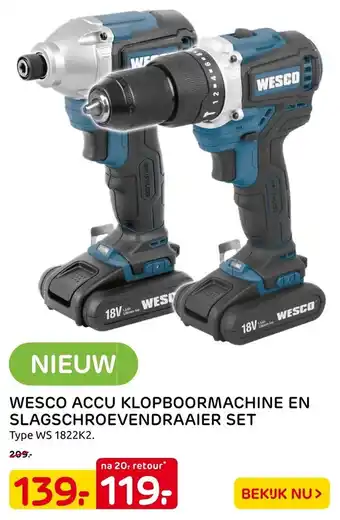 Praxis Wesco Accu klopboormachine en Slagschroevendraaier set | WS1822K2 aanbieding