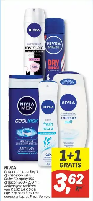 Dekamarkt Nivea Deodorant, douchegel of shampoo man. Roller 50, spray 150 of flacon 200-250 ml aanbieding