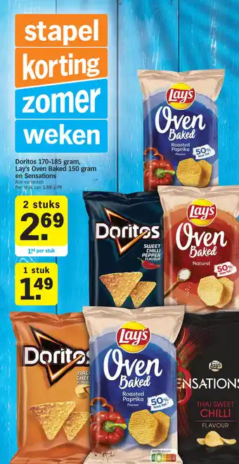 Albert Heijn Doritos 170-185 gram, Lay's Oven Baked 150 gram en Sensations aanbieding