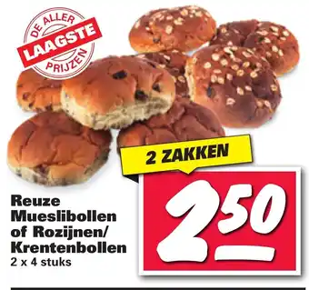 Nettorama Reuze Mueslibonen of Rozijnen/Krentenbollen 2 x 4 stuks aanbieding