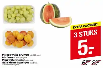 Coop Pitzole witte druiven 500g, Abrikozen 500g, mini Watermeloen, Gala kleine appeltjes 1kg 3st aanbieding