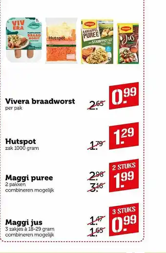 Coop Vivera Braadworst, Hutspot, Maggi Puree Of Maggi Jus 29gram aanbieding