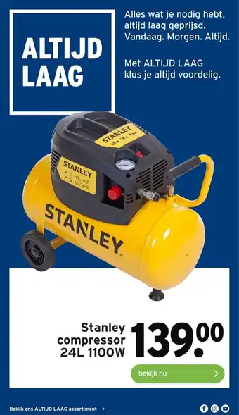 GAMMA Stanley compressor 24L 1100W aanbieding