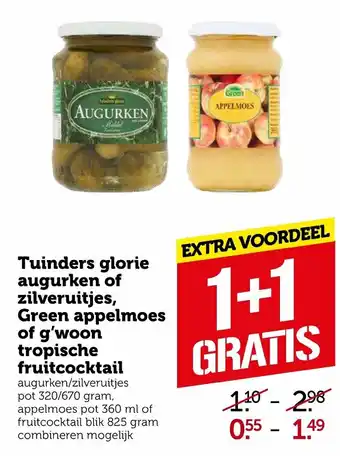 Coop Tuinders Glorie augurken of zilveruitjes, Green appelmoes of g'woon tropische fruitcocktail 1+1 aanbieding