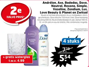 Trekpleister Andrélon, Axe, Badedas, Dove, Neutral, Rexona, Simple, Vaseline, Zendium, Lux, Love Beauty & Planet en Zwitsal aanbieding