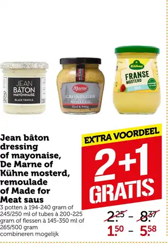 Coop Jean bâton dressing of mayonaise, De Marne of Kühne mosterd, remoulade of Made for Meat saus aanbieding