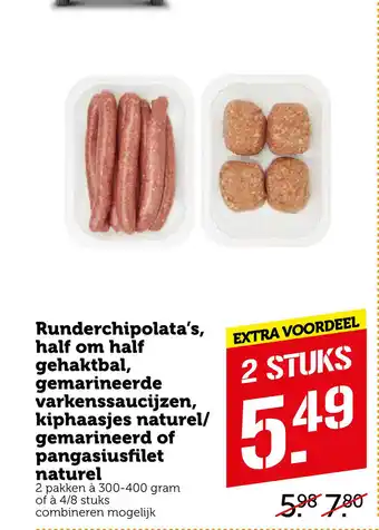 Coop Runderchipolata's, half om half gehaktbal, gemarineerde varkenssaucijzen, kiphaasjes naturel/ gemarineerd of pangasiusfilet n aanbieding