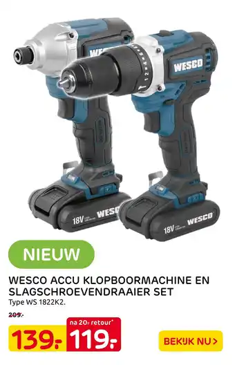 Praxis Wesco Accu Klopboormachine En Slagschroevendraaier Set Type Ws 1822K2. aanbieding