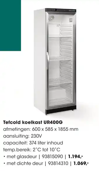 HANOS Tefcold koelkast UR400G 600x585x1855 mm 230V met glasdeur aanbieding