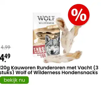 Zooplus Kauworen Runderoren met Vacht (3 stuks) Wolf of Wilderness Hondensnacks aanbieding