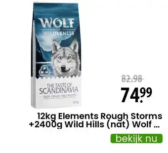 Zooplus 12kg Elements Rough Storms +2400g Wild Hills (nat) Wolf of Wilderness Hondenvoer aanbieding