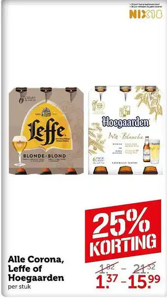 Coop Alle Corona, Leffe Of Hoegaarden 25% Korting aanbieding