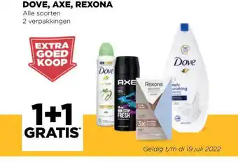 Jumbo Dove, Axe, Rexona 1+1 Gratis aanbieding