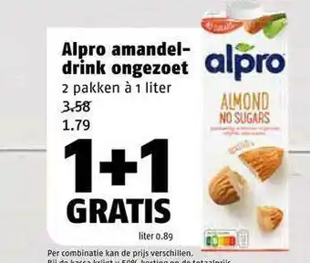 Poiesz Alpro Amandeldrink Ongezoet 1+1 Gratis aanbieding