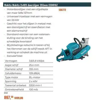 De Boer Drachten Makita Makita 2x40V Doorslijper 355mm CE001GZ aanbieding