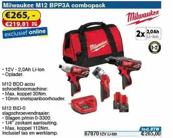 Toolstation Milwaukee M12 BPP3A Combopack : Accu Schroefboormachine En Slagschroevendraaier aanbieding