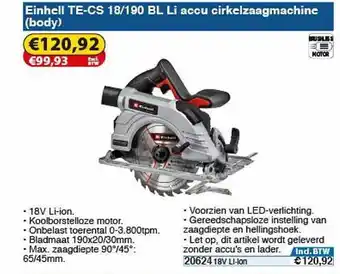 Toolstation Einhell TE-CS 18-190 BL Li Accu Cirkelzaagmachine (Body) aanbieding