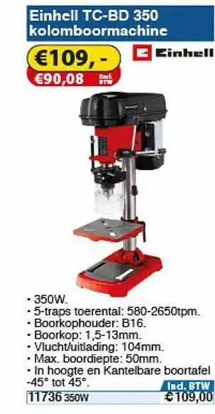 Toolstation Einhell TC-BD 350 Kolomboormachine aanbieding