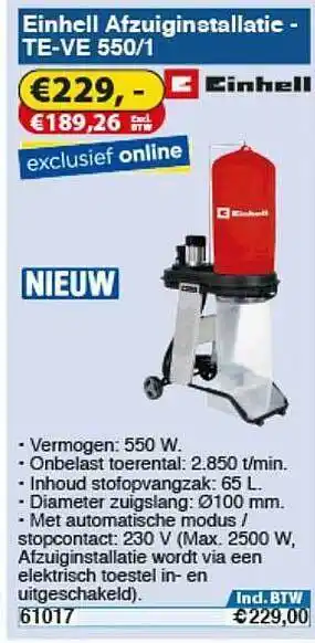 Toolstation Einhell Afzuiginstallatie - TE-VE 550-1 aanbieding