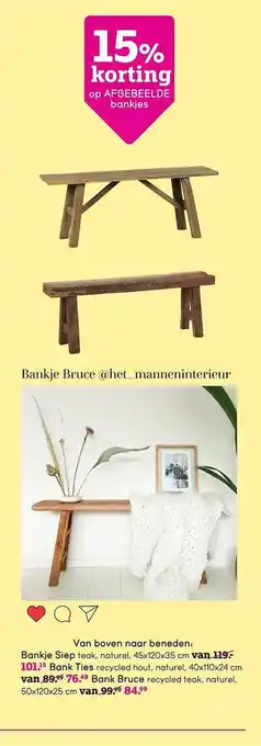 Leen Bakker Bankje siep, bank ties of bank bruce 15% Korting aanbieding