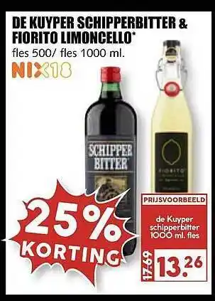 MCD Supermarkt De Kuyper Schipperbitter & Fiorito Limoncello 25% Korting aanbieding